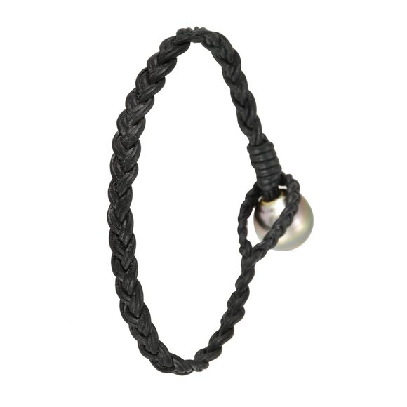 14mm Genuine Baroque Tahitian Pearl in Braided Black Greek Leather Bracelet 7" - Picture 3 of 3